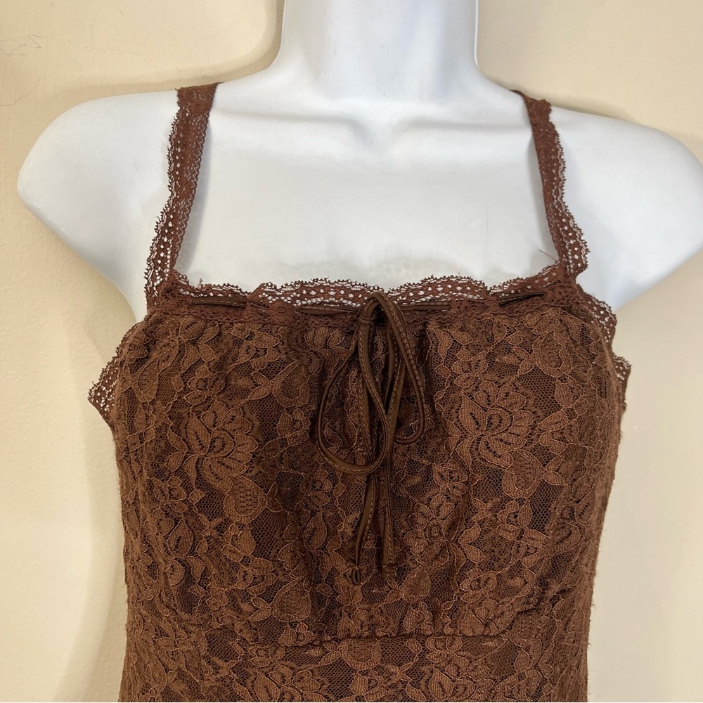 Y2K Brown Lace Slip Dress Lace Up Corset Style Bodice